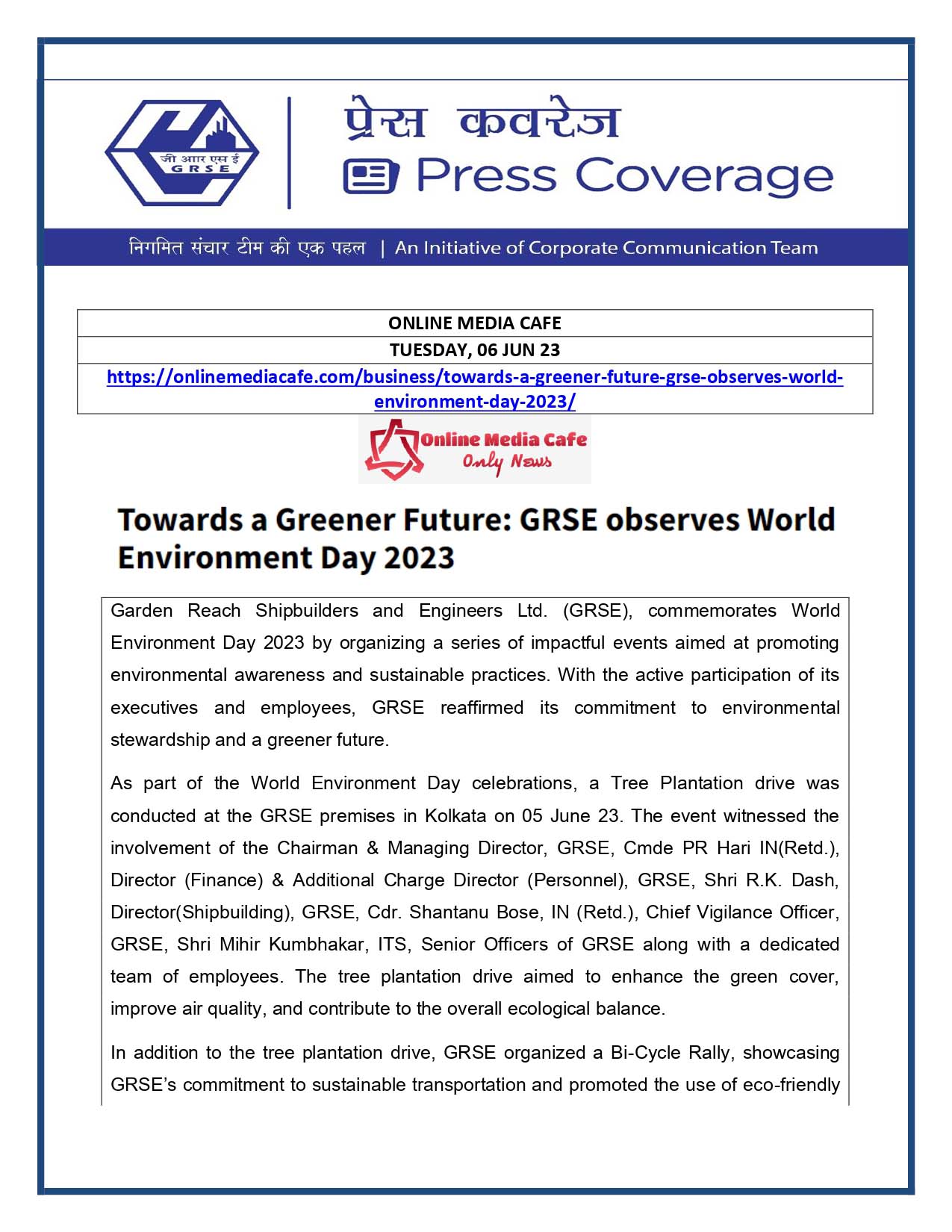 Towards a Greener Future : GRSE observes World Environment Day 2023
